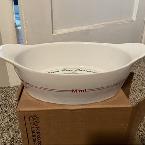 White Ceramic Casserole Dish with Red Accent and 'M'm!' Lettering
